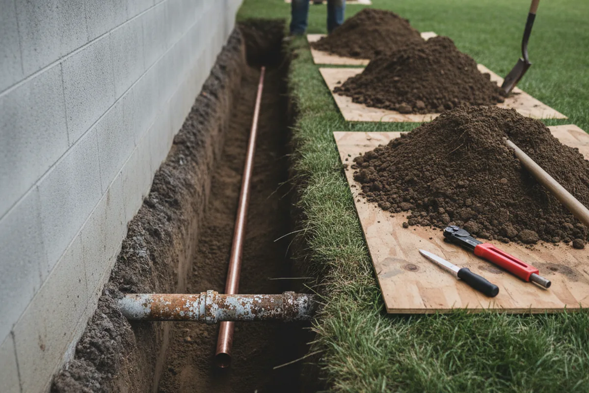 Excavated water line trench during Sewer Line Repair in Gruetli Laager